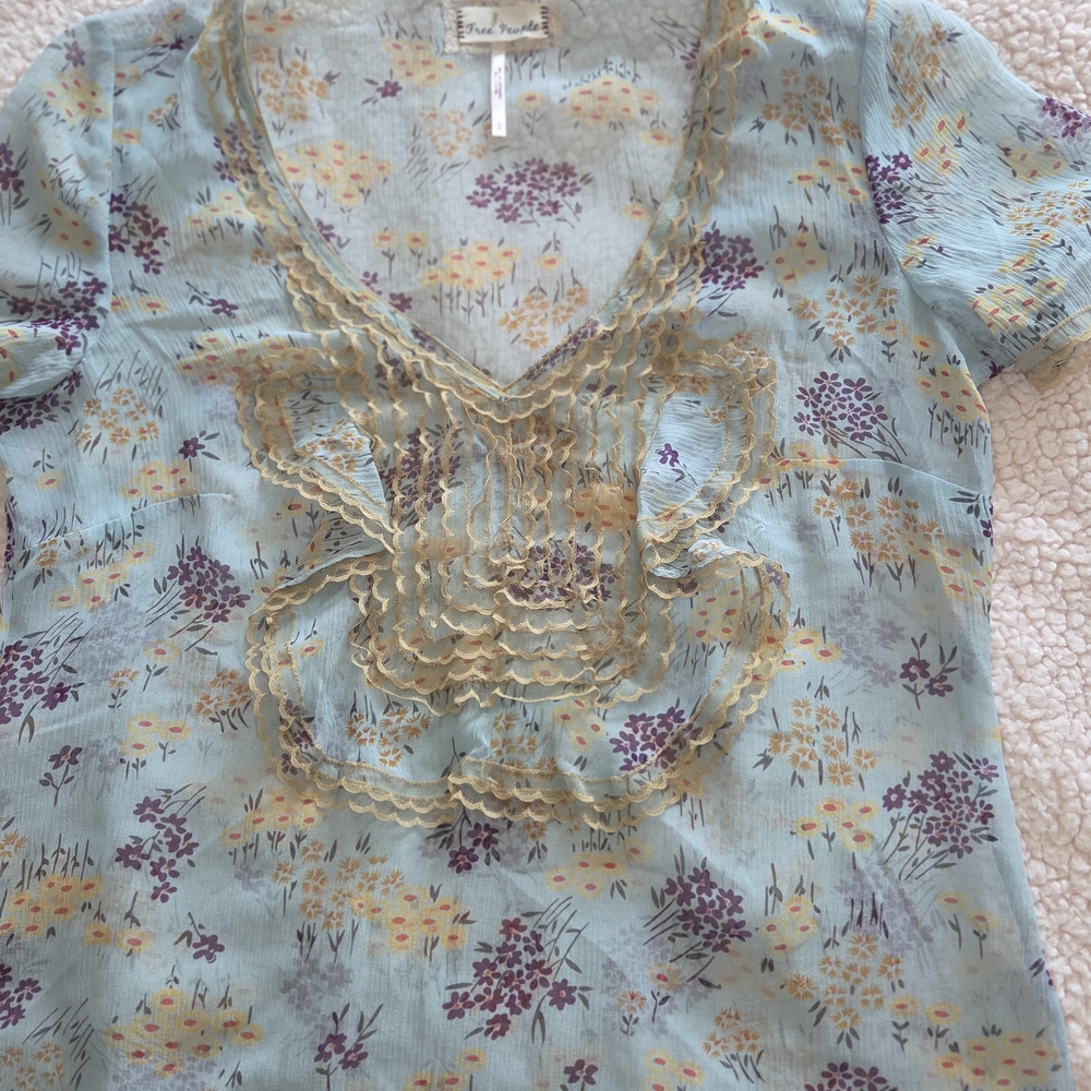 Free People Light Blue Floral Ruffled V-Neck Blouse